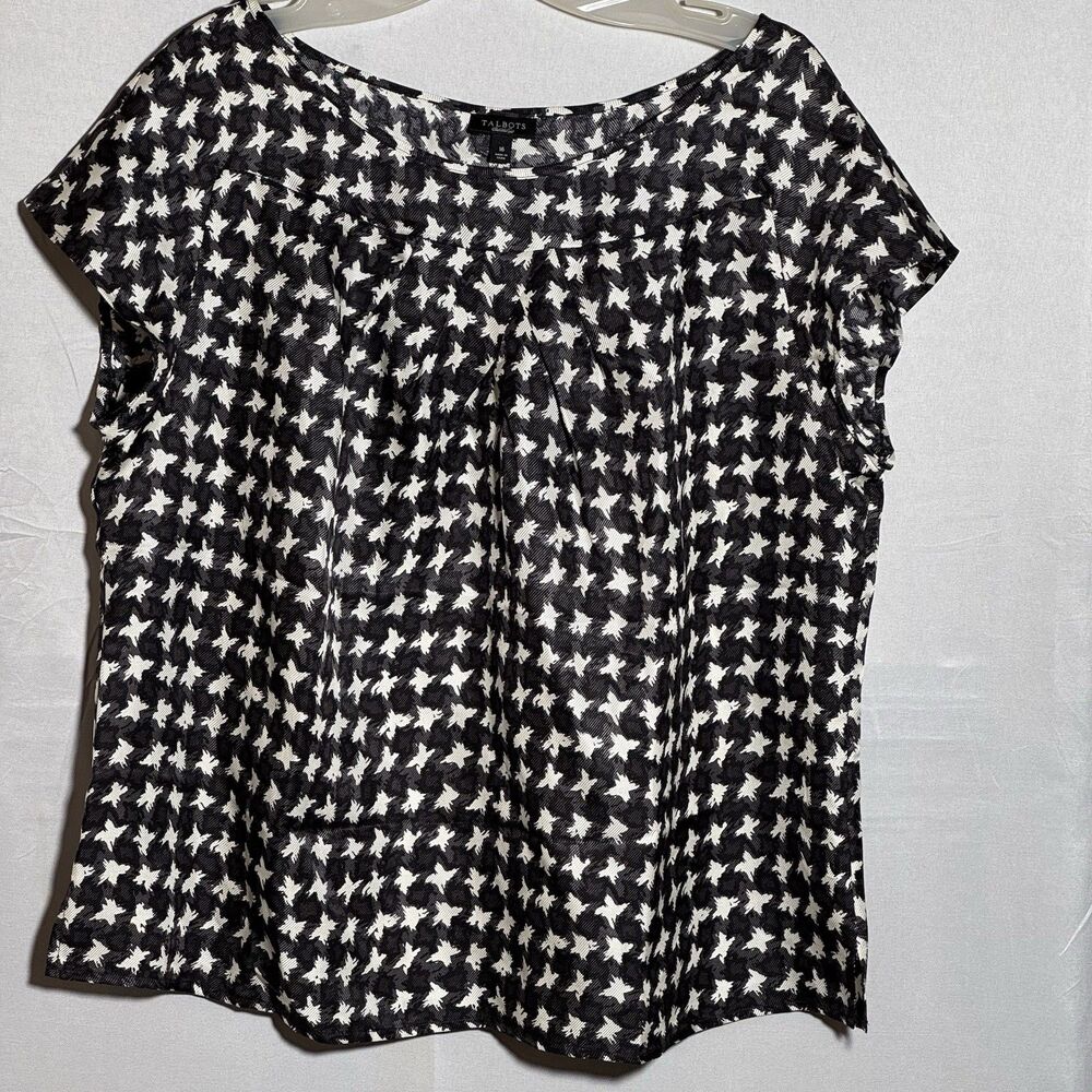 Talbots 100% Silk Blouse Women’s Size 16 Black White Abstract Print Career Top